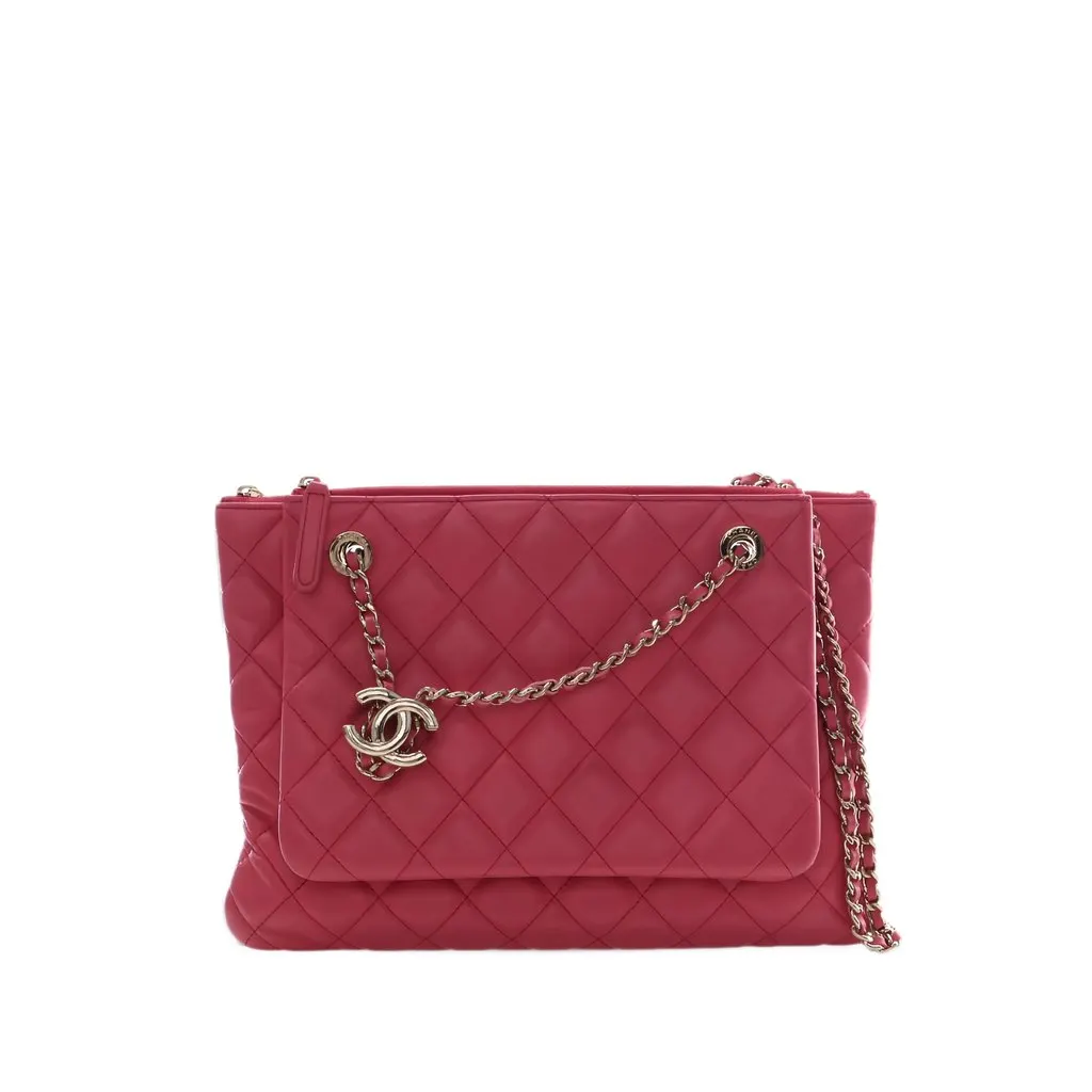 Chanel Quilted Lambskin Double Case with Chain Pink Leather Very good - Front View