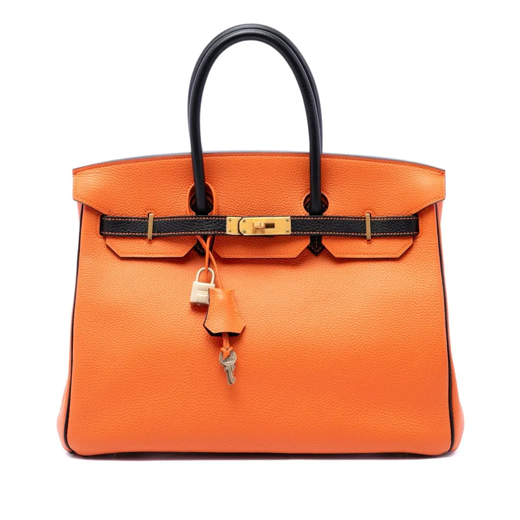 Hermès Special Order Bicolor Clemence Birkin Retourne 35 Orange Leather Good - Front View