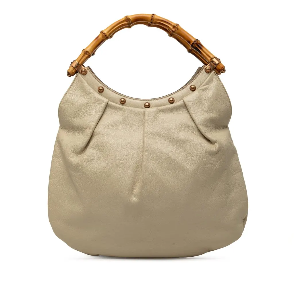 Gucci Studded Calfskin Bamboo Hobo Beige Leather Very good - Front View