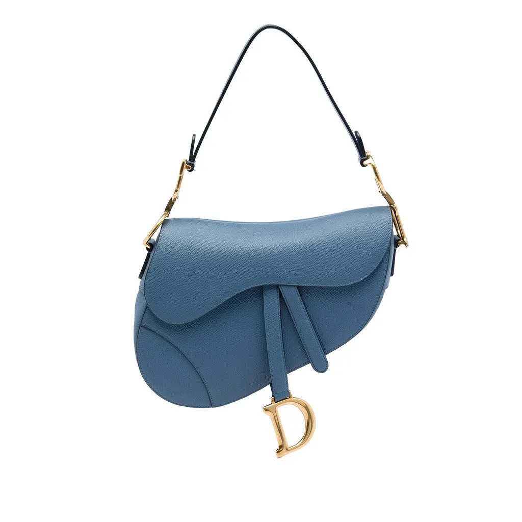 Dior Grained Calfskin Saddle Bag Blue Leather Good - Front View