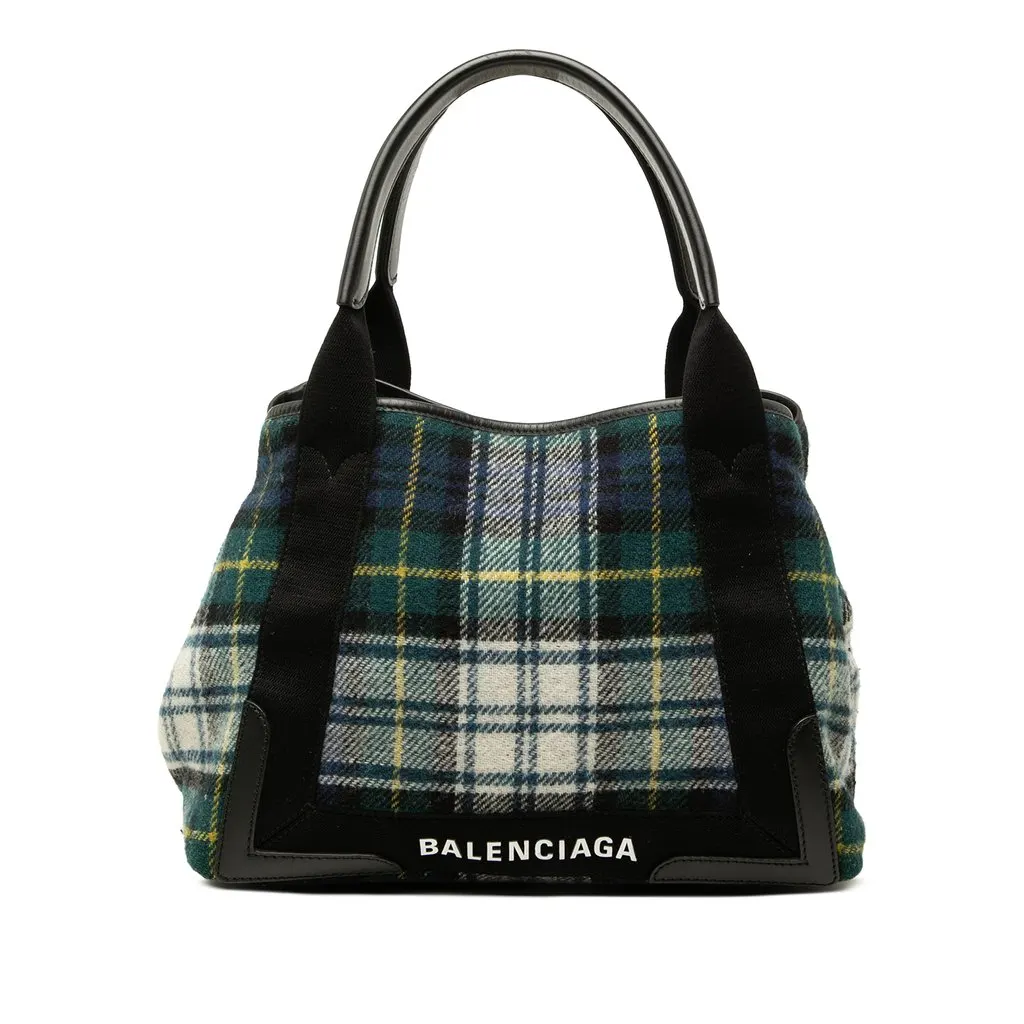 Balenciaga Plaid Wool Navy Cabas S Green Wool Very good - Front View