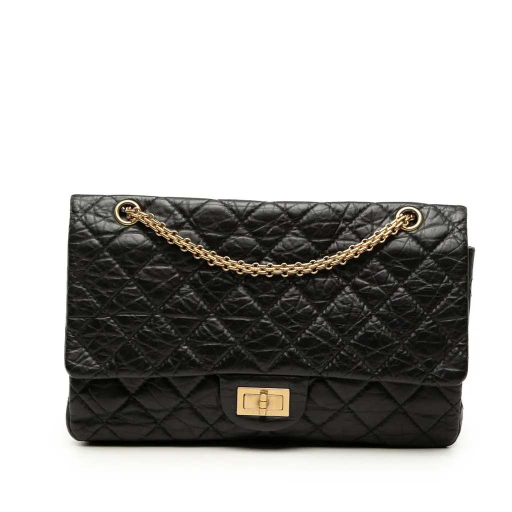 Chanel Quilted Aged Calfskin Reissue 2.55 Double Flap 227 Black Leather Good - Front View