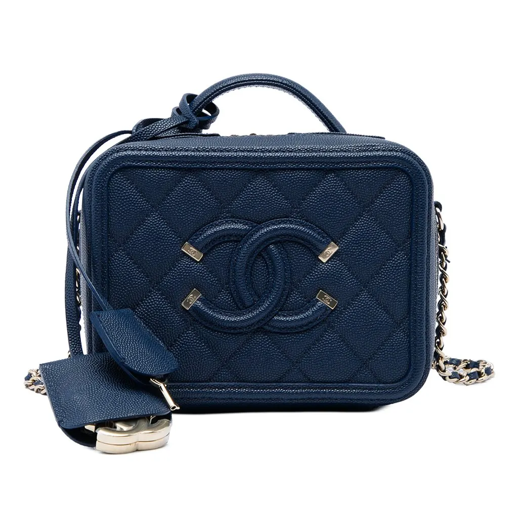 Chanel Small Caviar CC Filigree Vanity Case Blue Leather Very good - Front View