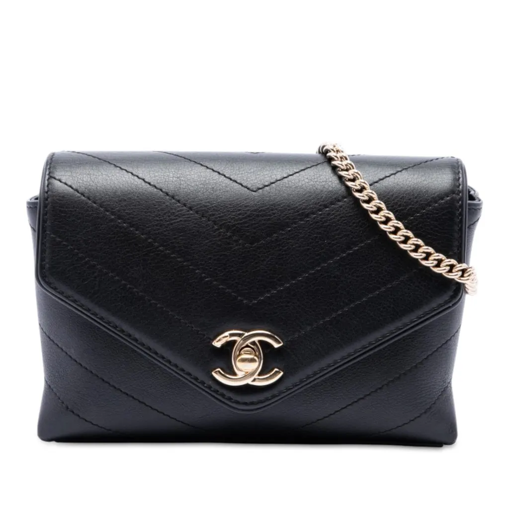 Chanel Chevron Calfskin Stitched Coco Belt Bag Black Leather Very good - Front View