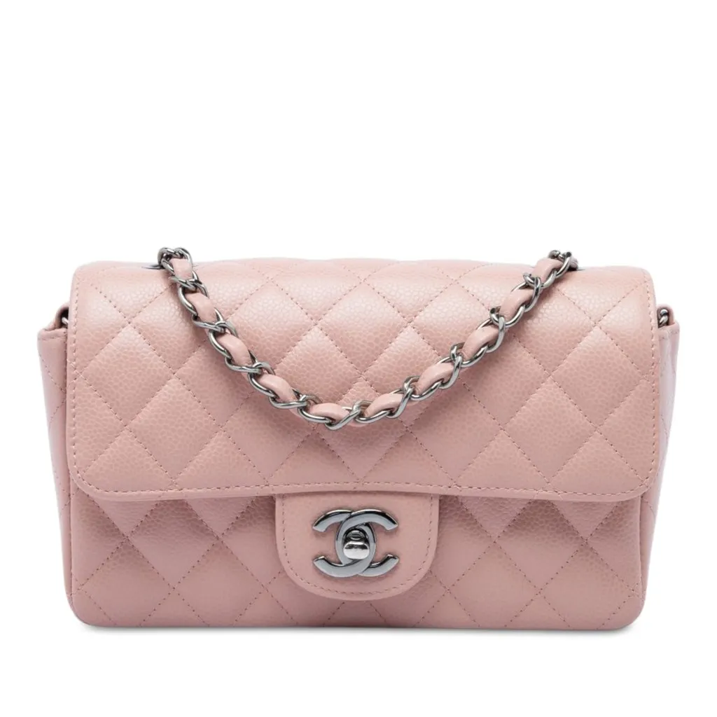 Chanel Mini Rectangular Classic Caviar Single Flap Pink Leather Very good - Front View