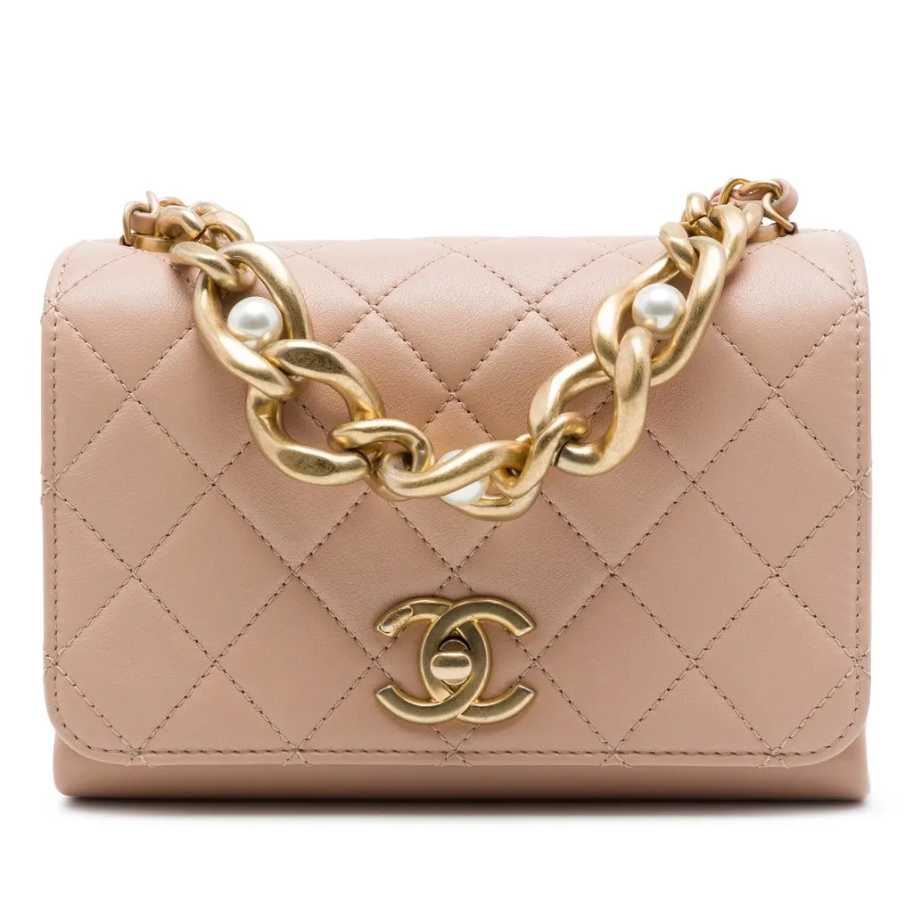 Chanel Mini Quilted Calfskin Pearl Boy Chain Flap Brown Leather Very good - Front View