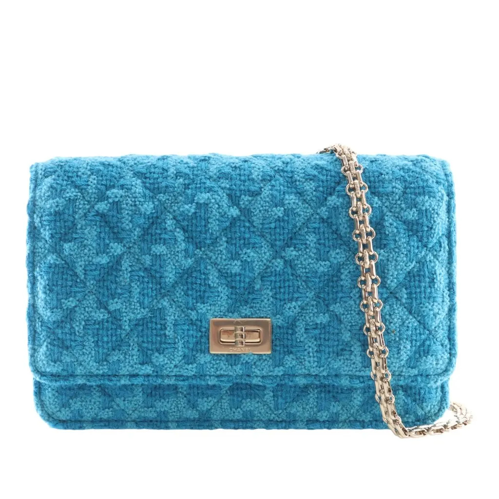Chanel Quilted Tweed Reissue 2.55 Wallet On Chain Blue Never worn - Front View