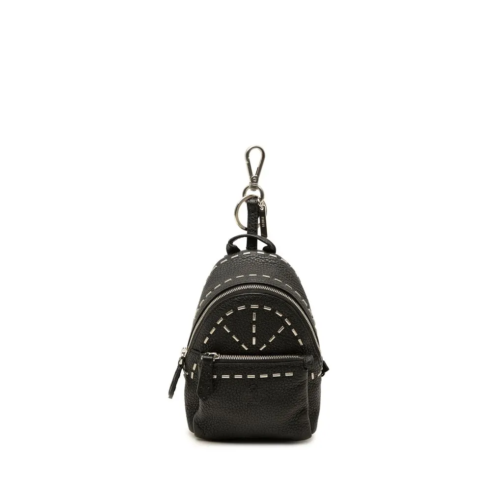 Fendi Studded Selleria Backpack Key Chain and Bag Charm Black Leather Good - Front View