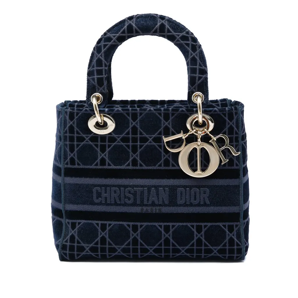 Dior Medium Velvet Cannage Lady D Lite Blue Velvet Good - Front View