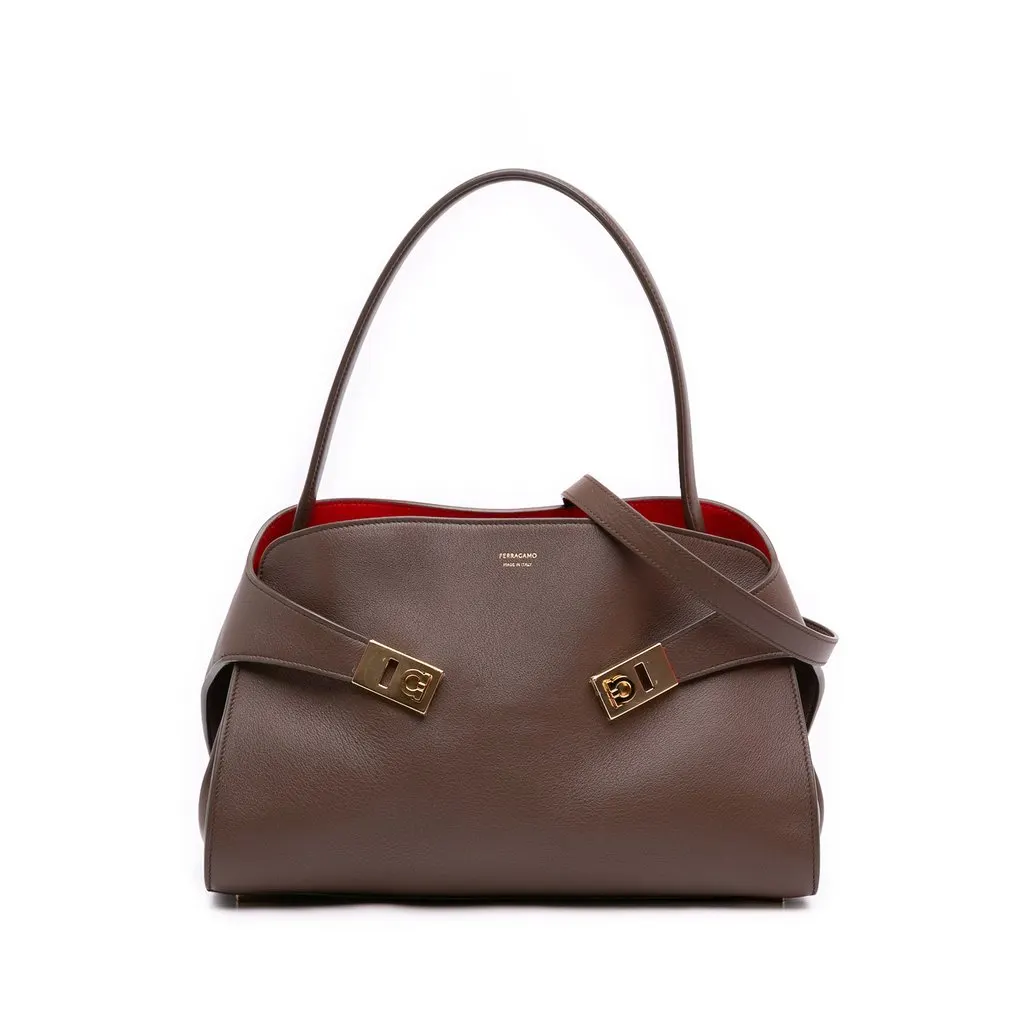 Salvatore Ferragamo Medium Bicolor Calfskin Hug Satchel Brown Leather Very good - Front View