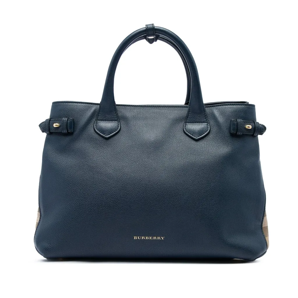 Burberry Medium Leather and House Check Banner Satchel Blue Leather Good - Front View