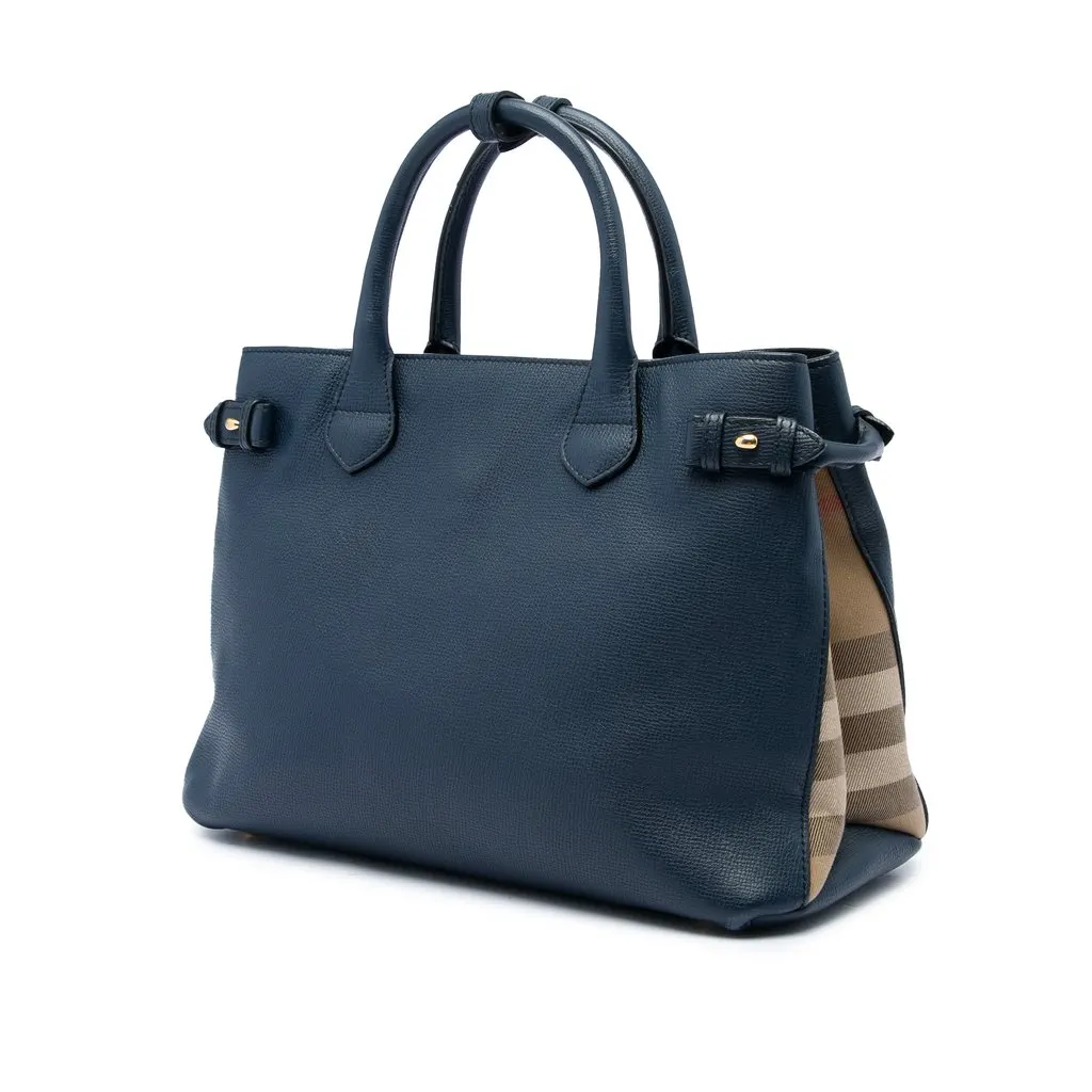 Burberry Medium Leather and House Check Banner Satchel Blue Leather Good - Back View