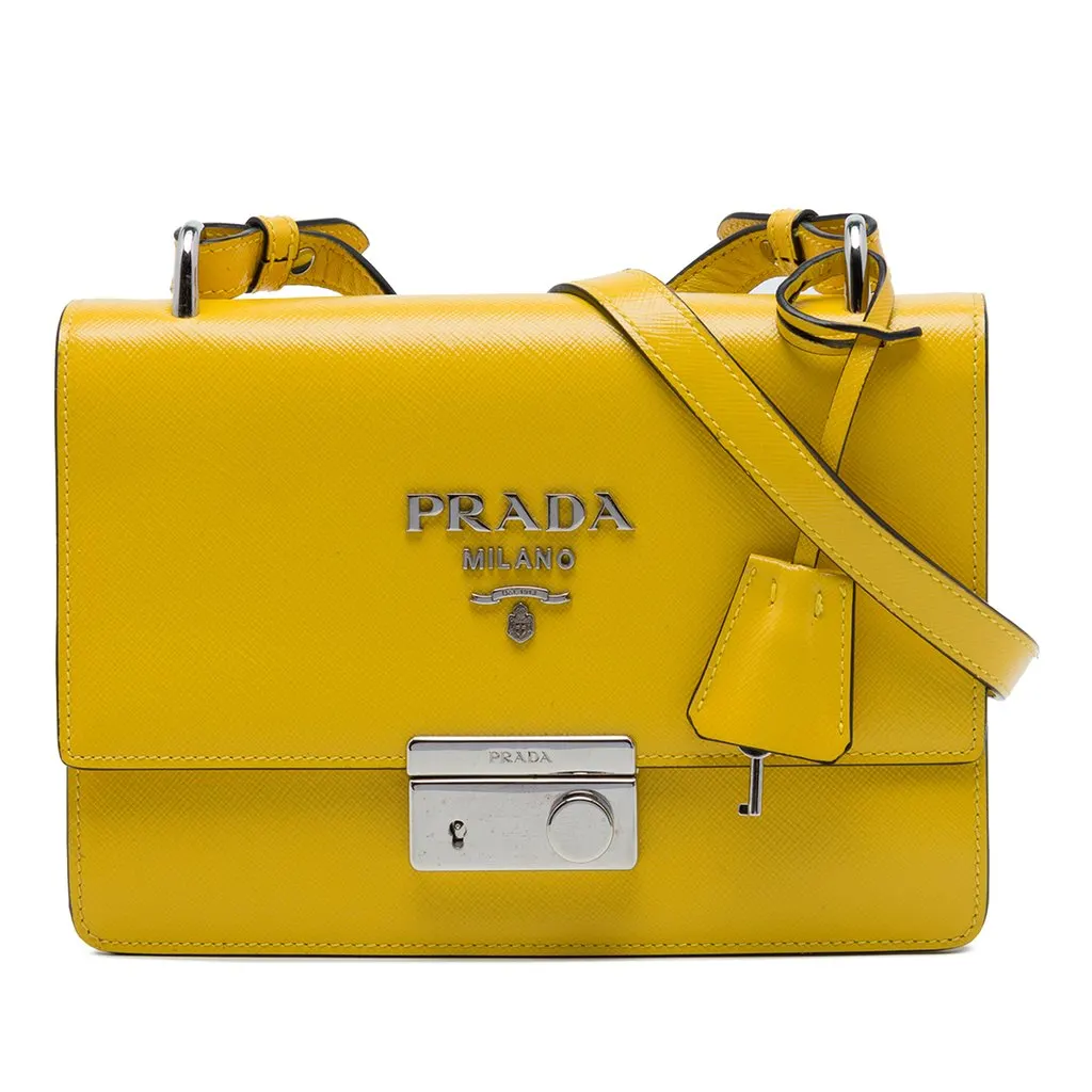 Prada Saffiano Lux Sound Lock Crossbody Yellow Leather Very good - Front View
