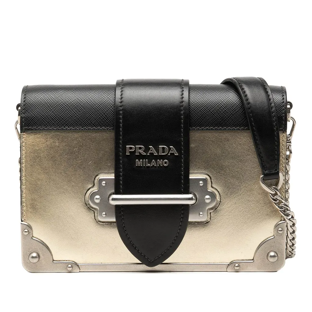 Prada Saffiano Trimmed Metallic Vitello Cahier Bag Gold Leather Good - Front View