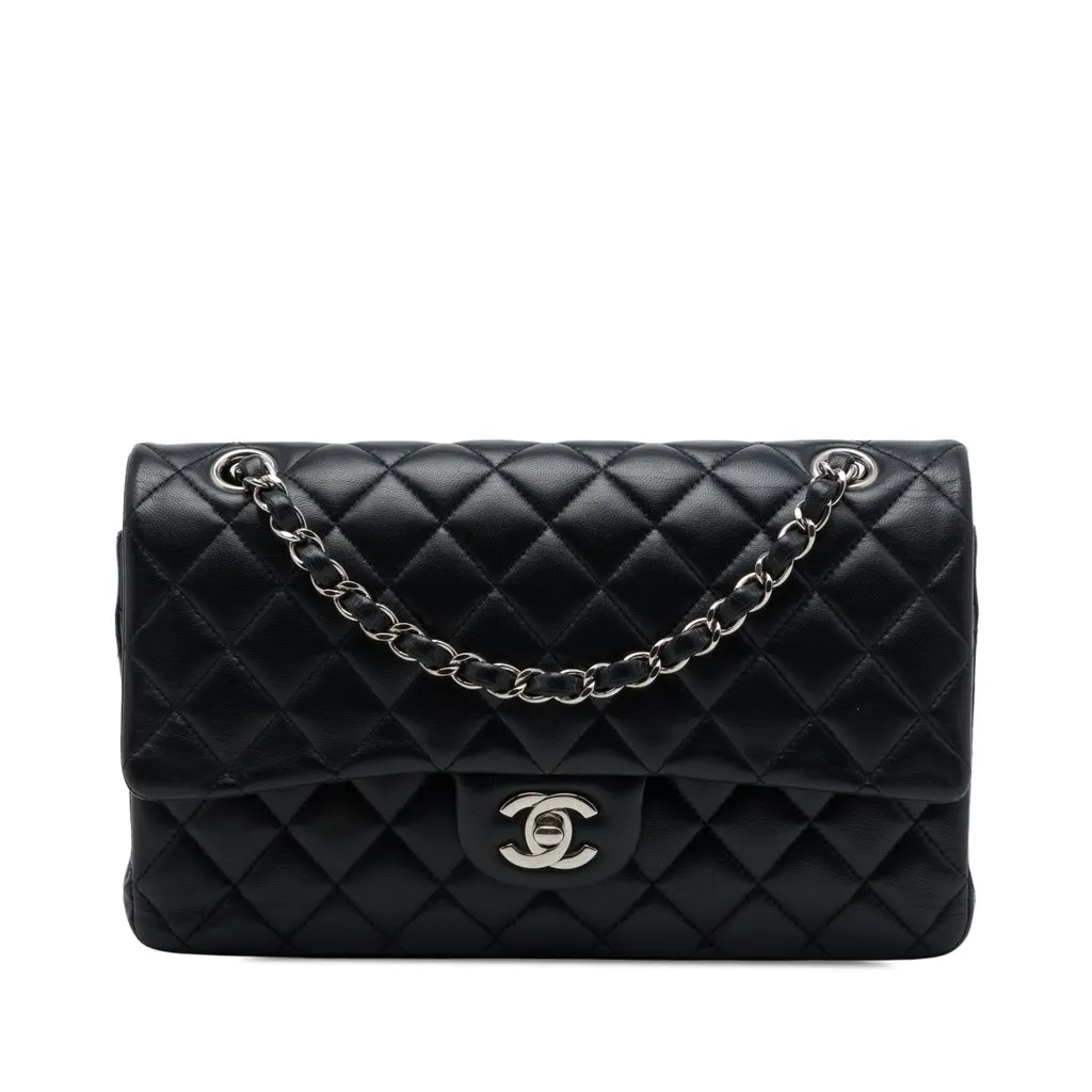 Chanel Medium Classic Lambskin Double Flap Black Leather Good - Front View