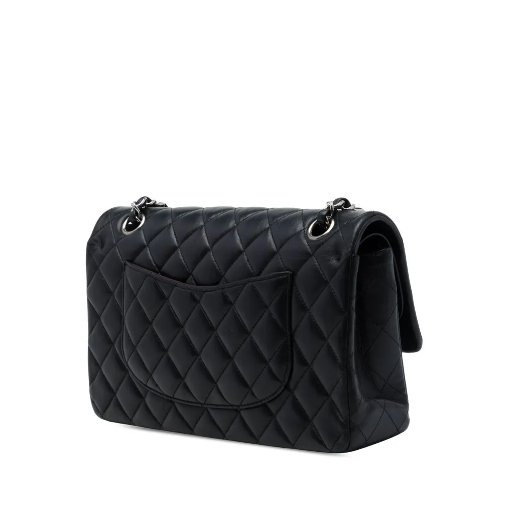 Chanel Medium Classic Lambskin Double Flap Black Leather Good - Back View