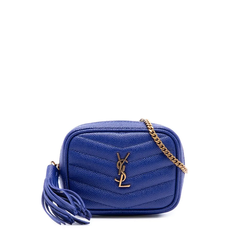 Saint Laurent Baby Chevron Grain De Poudre Monogram Lou Camera Bag Blue Leather Very good - Front View