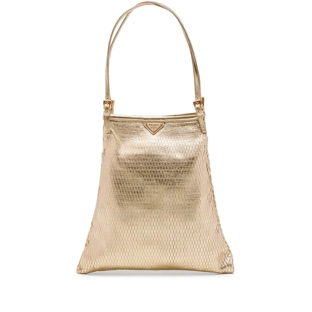 Prada Metallic Calfskin Woven Slit Patterned Handbag Gold Leather Good - Front View