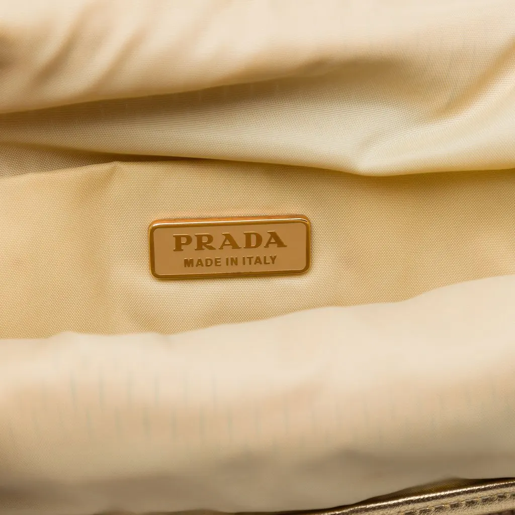 Prada Metallic Calfskin Woven Slit Patterned Handbag Gold Leather Good - Box View