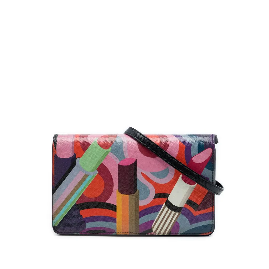 Prada Saffiano Lipstick Print Wallet on Strap MultiColor Leather Very good - Front View