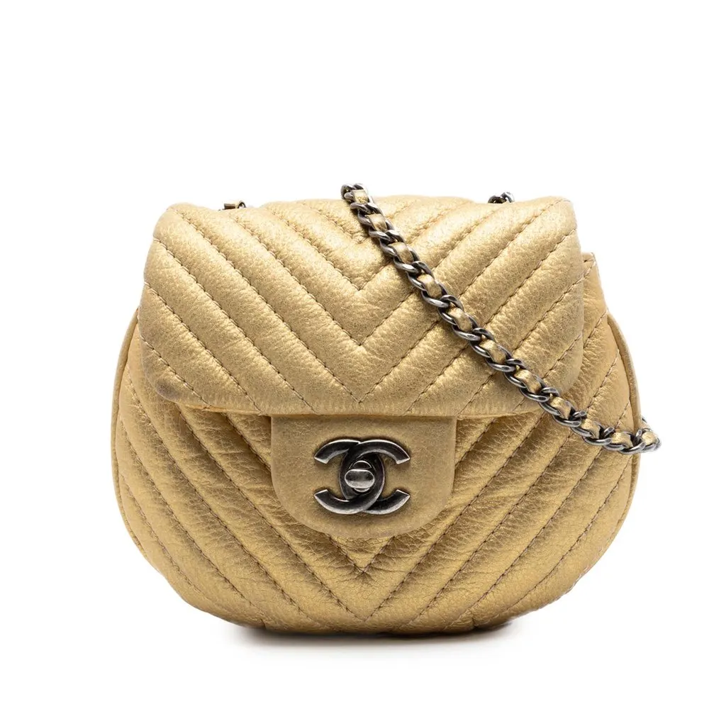 Chanel CC Chevron Metallic Aged Calfskin Bubble Flap Gold Leather Very good - Front View
