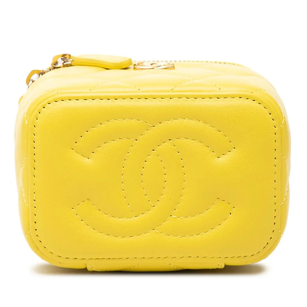 Chanel Mini CC Quilted Lambskin Vanity Case With Chain Yellow Leather Very good - Inside View