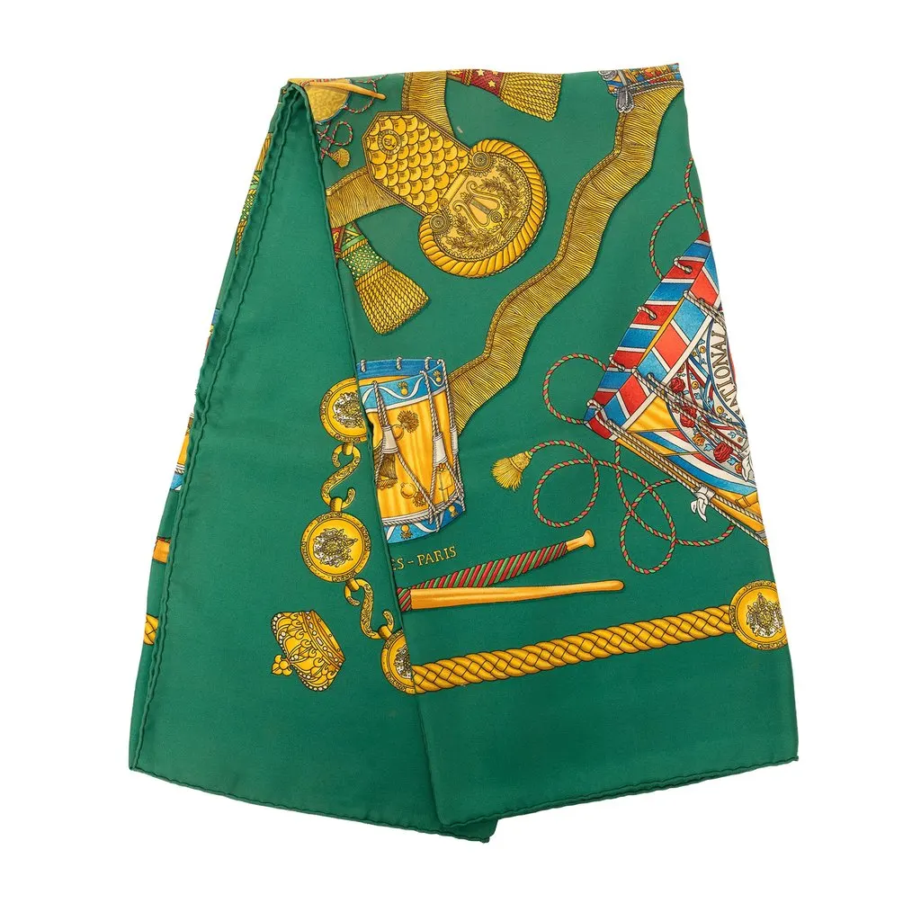 Hermès Les Tambours Silk Scarf 90 Green Silk Very good - Front View