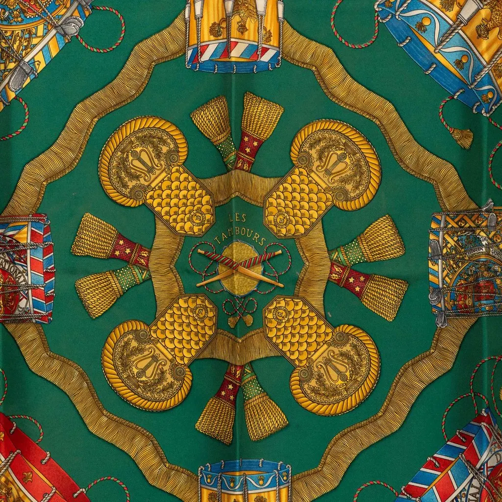 Hermès Les Tambours Silk Scarf 90 Green Silk Very good - Inside View
