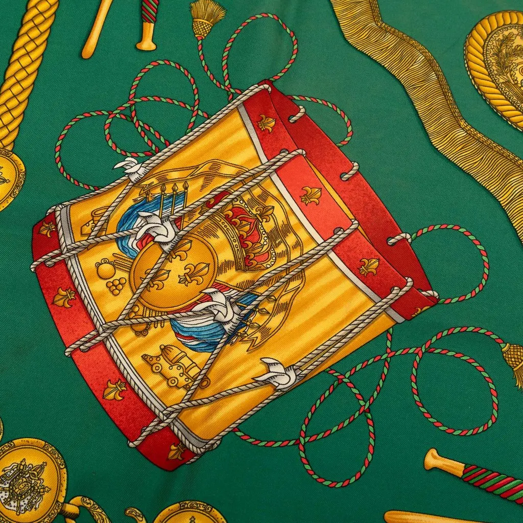Hermès Les Tambours Silk Scarf 90 Green Silk Very good - Box View