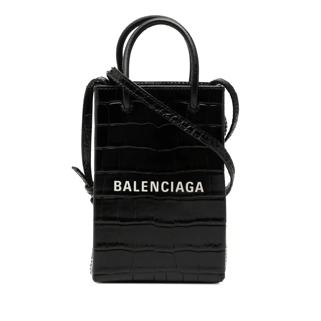 BALENCIAGA CROCS PHONE HOLDER 黒 Balenciaga Mini Croc Embossed Leather Shopping Phone Holder