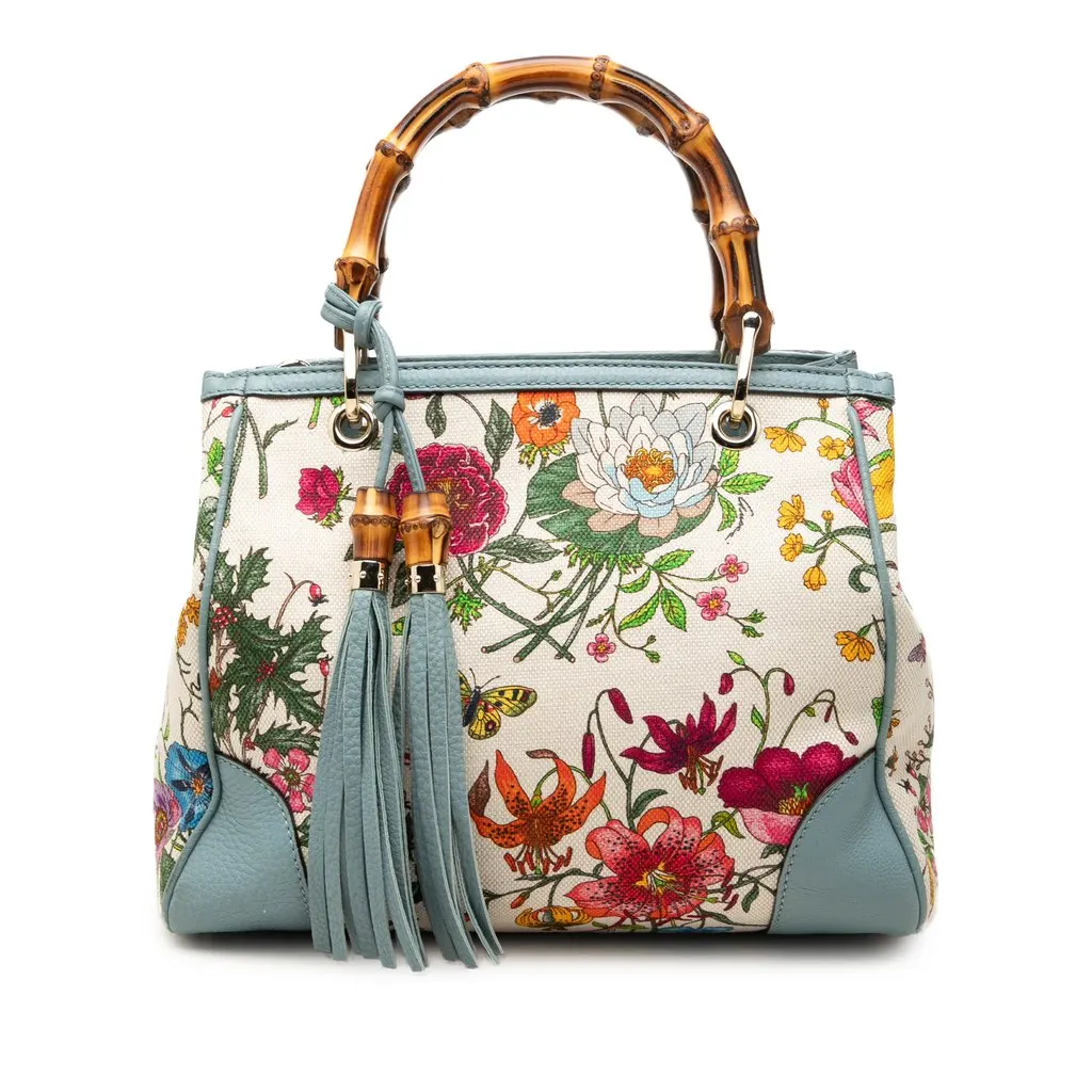 Gucci Small Canvas Flora Bamboo Shopper Satchel White Canvas Very good - Front View