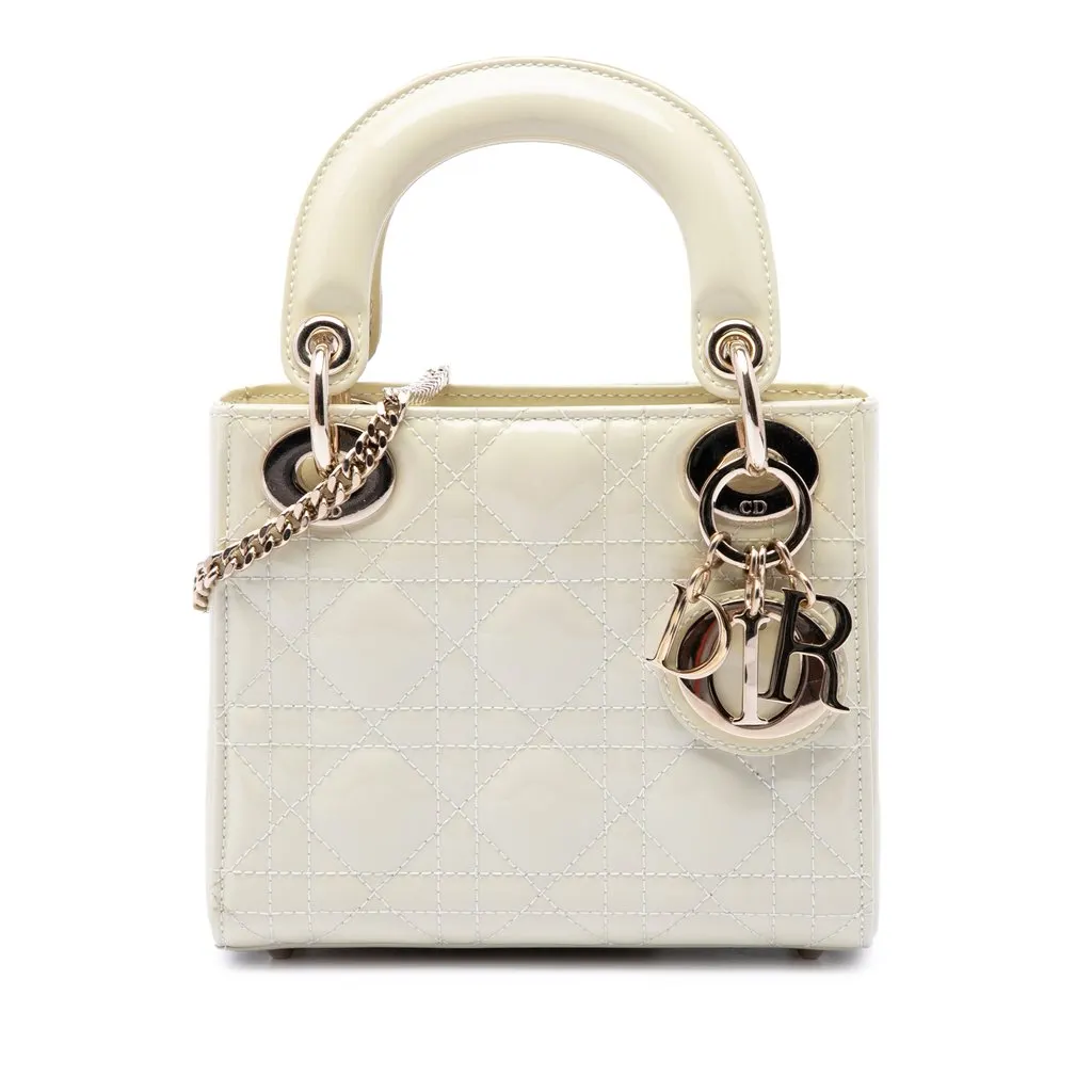 Dior Mini Patent Cannage Lady Dior White Leather Good - Front View