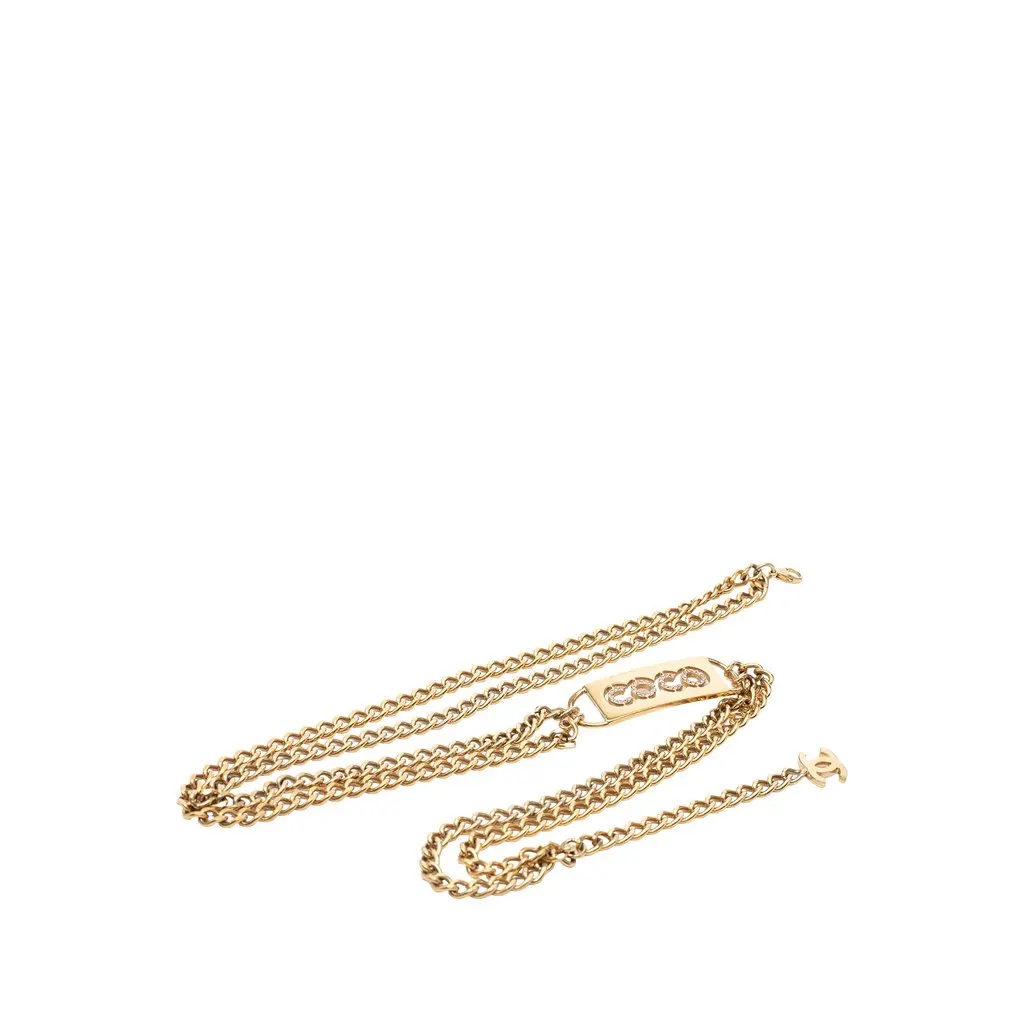 Chanel CC Gold Plated Strass Coco Plaque Double Chain Belt Gold Metal Very good - Front View