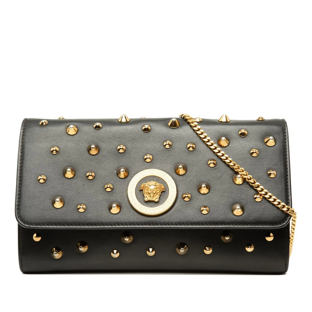Versace Studded Vitello Calfskin Palazzo Medusa Clutch With Chain