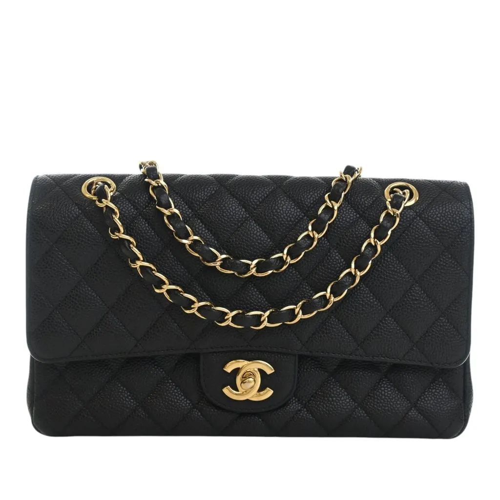 Chanel Medium Classic Caviar Double Flap Black Leather Very good - Front View