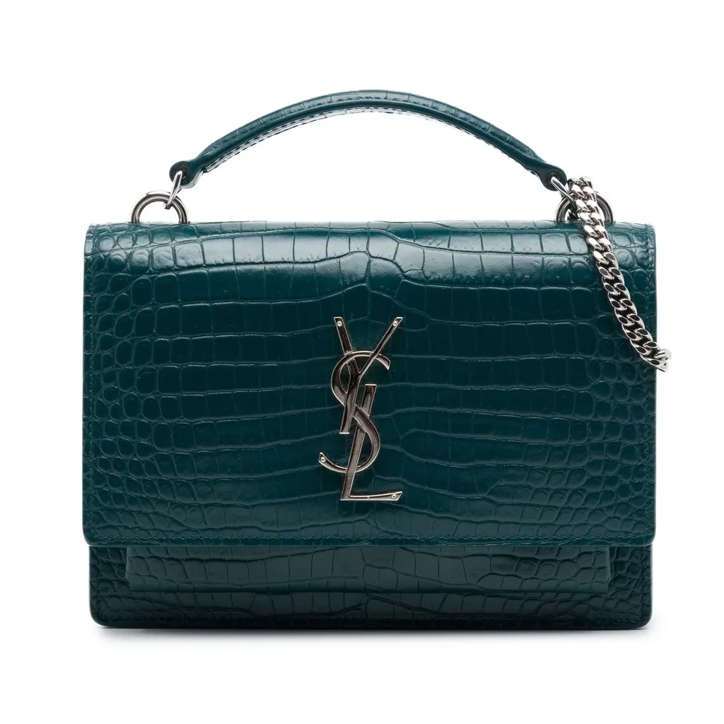 Saint Laurent Mini Croc Embossed Leather Monogram Sunset Wallet on Chain Green Leather Good - Front View