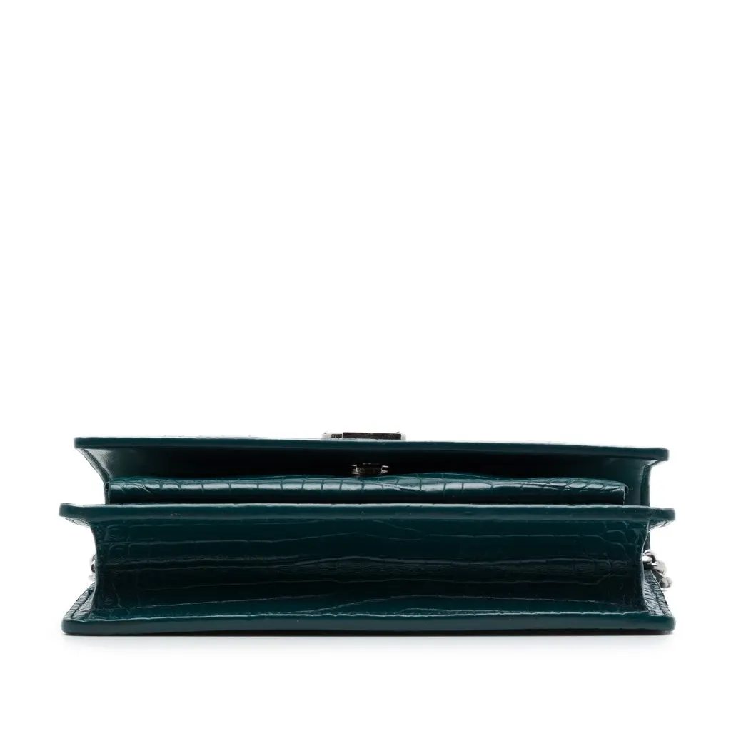 Saint Laurent Mini Croc Embossed Leather Monogram Sunset Wallet on Chain Green Leather Good - Inside View