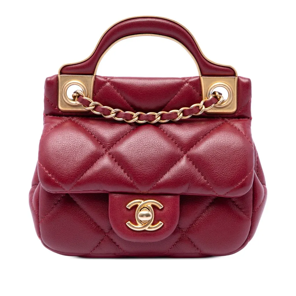 Chanel Quilted Calfskin Lady Card Holder with Chain Top Handle Bag Red Leather Very good - Front View