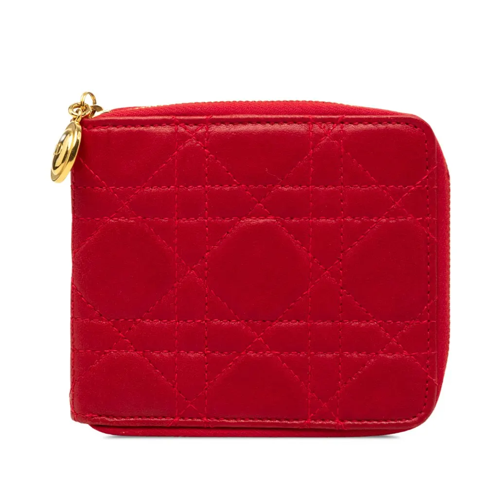 Dior Lambskin Cannage Lady Dior Zip Around Compact Wallet Red Leather Good - Front View