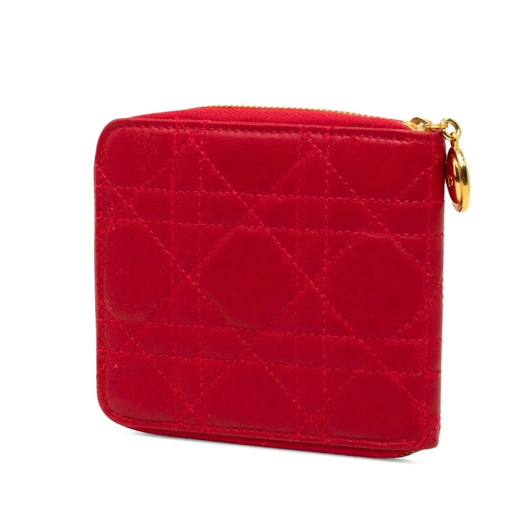 Dior Lambskin Cannage Lady Dior Zip Around Compact Wallet Red Leather Good - Back View
