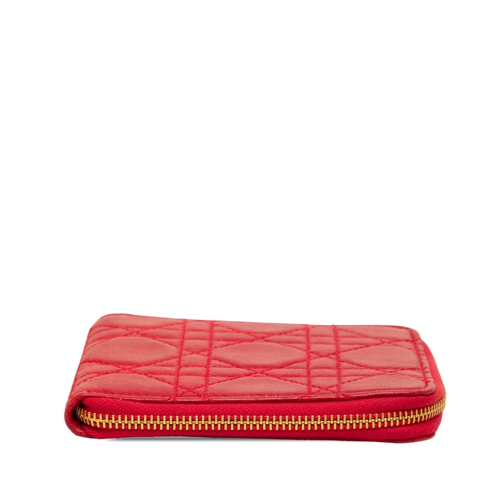 Dior Lambskin Cannage Lady Dior Zip Around Compact Wallet Red Leather Good - Inside View
