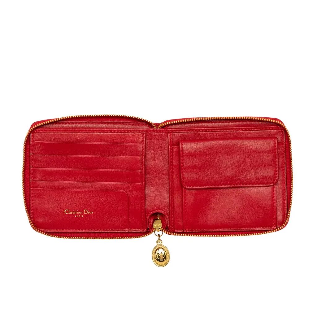 Dior Lambskin Cannage Lady Dior Zip Around Compact Wallet Red Leather Good - Box View