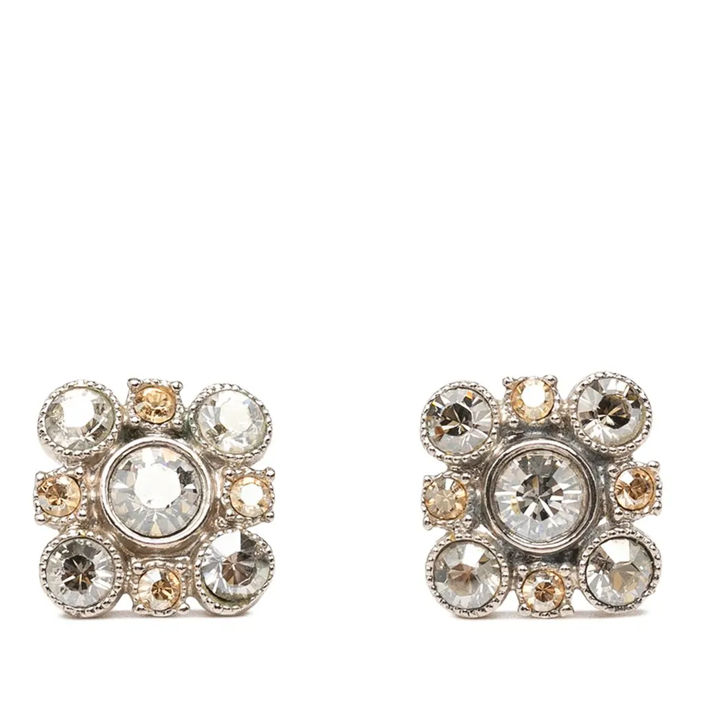 Chanel Brass Floral Strass Push Back Earrings Silver Metal Very good - Front View