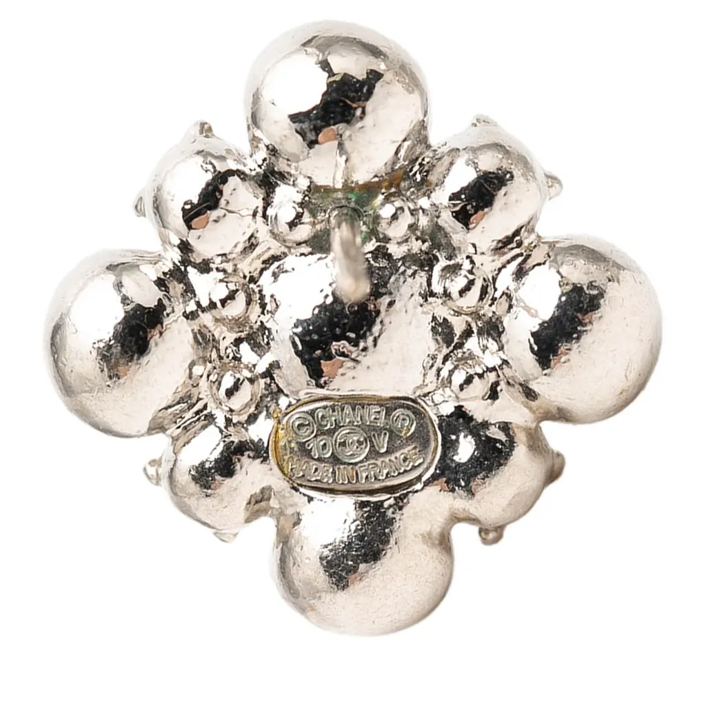 Chanel Brass Floral Strass Push Back Earrings Silver Metal Very good - Inside View