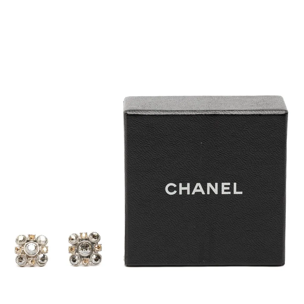 Chanel Brass Floral Strass Push Back Earrings Silver Metal Very good - Model View