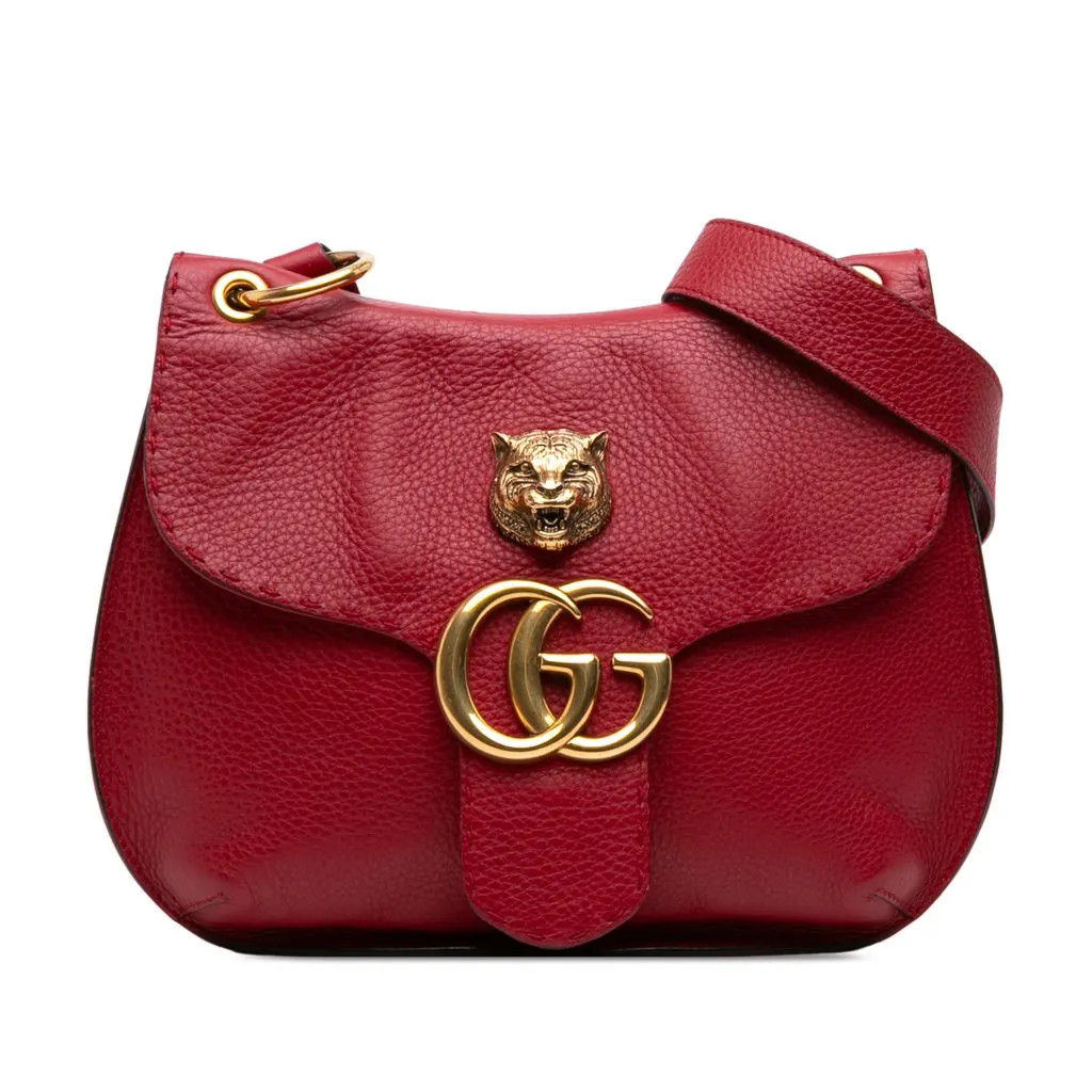 Gucci GG Marmont Calfskin Animalier Shoulder Bag Red Leather Very good - Front View