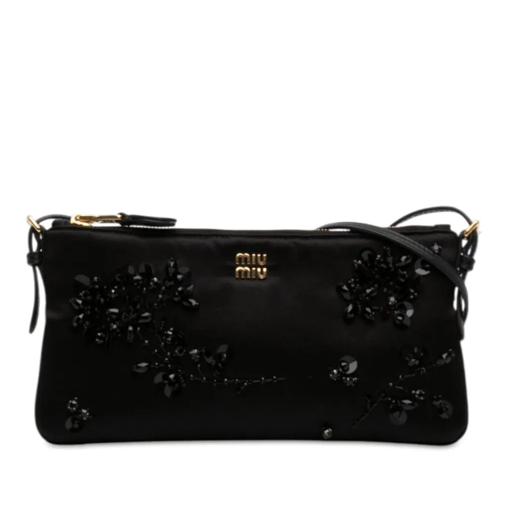Miu Miu Crystal Embellished Satin Shoulder Bag Black Very good - Front View