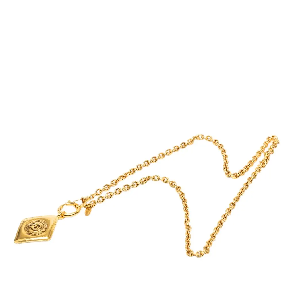Chanel CC Gold Plated Diamond Shape Pendant Necklace Gold Metal Very good - Front View