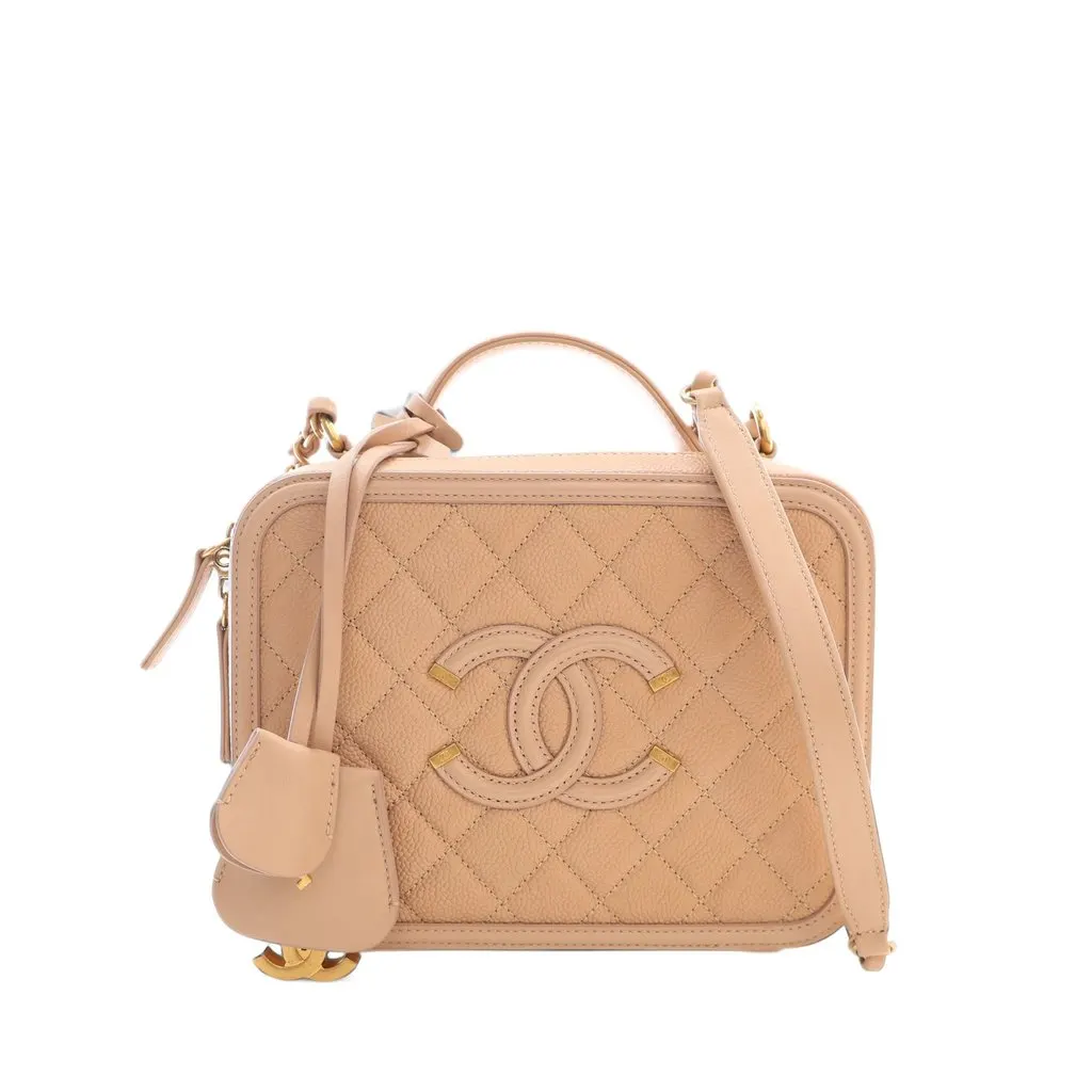 Chanel Medium Caviar CC Filigree Vanity Case Beige Leather Very good - Front View