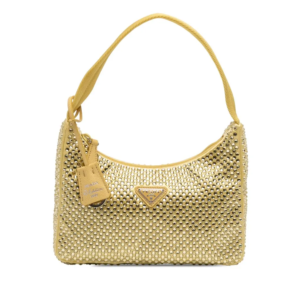 Prada Mini Satin Crystal Re Edition 2000 Shoulder Bag Yellow Never worn - Front View